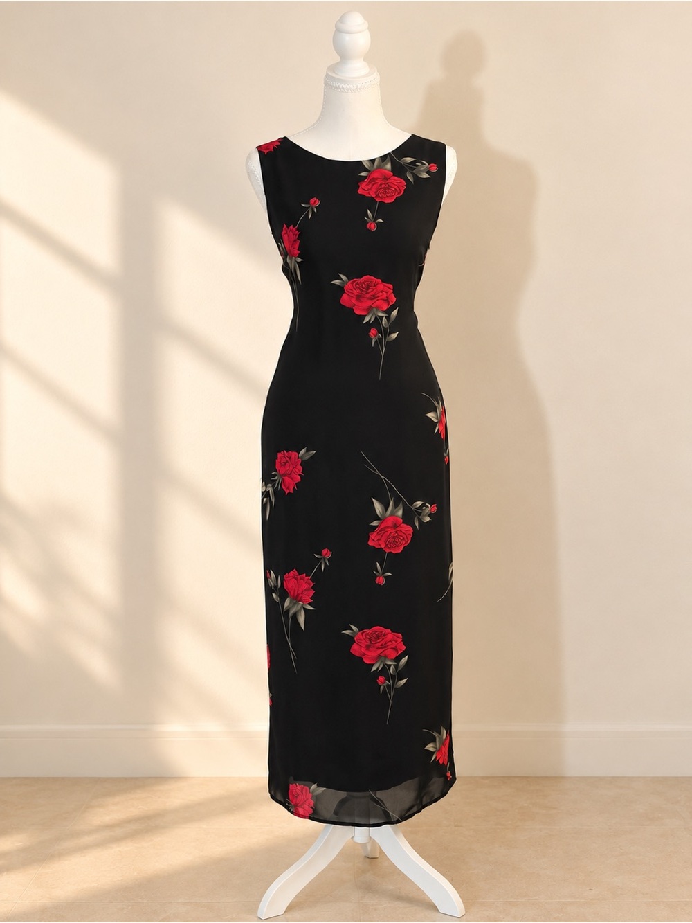 Petite Sophisticate Black Red Rose Floral Maxi Dress Size 6